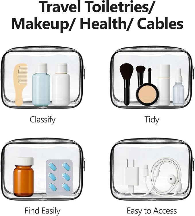 Clear Makeup Bag for Travel - TSA Approved Toiletry Bag, 2 Black | 1 Medium Quart Carry-On & 1 Large Checked-Luggage, Reinforced Seams, Water-resistant, Clear Easy-Check for Airport, Women - Image 5