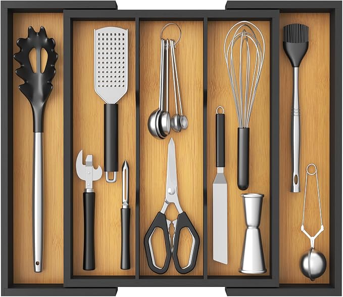 Lifewit Bamboo Utensil Organizer for Kitchen Drawer, Cooking Utensil Tray | Expandable Cutlery Silverware Flatware Holder, Wood Adjustable Spatula Tools Storage Divider, 12.6-22.4x 15", Natural Black by Lifewit