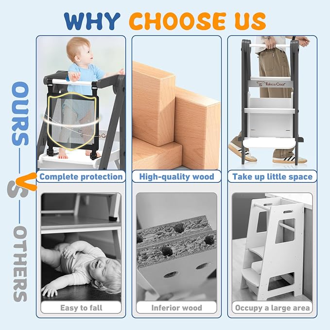 Foldable Toddler Tower, 3 Adjustable Height, Toddler Kitchen Stool Helper | Wooden Standing Tower with Safety Net ,Safety Feet,for Kitchen, Bathroom, Study Room,Offer Customer Service - Image 5