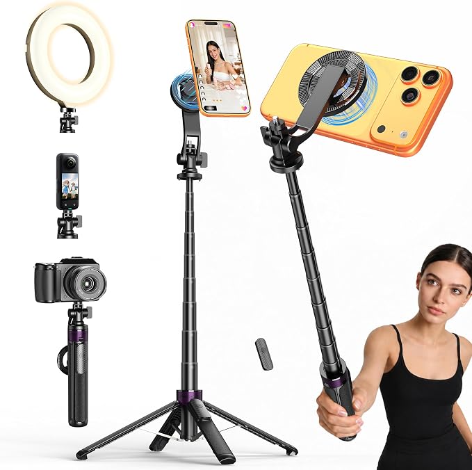 53" Magnetic Selfie Stick Tripod for iPhone Andriod, 360° Rotation | Aluminum Alloy Pole, 1/4" Screw, 4-Leg Stable Base and Wireless Remote for iPhone 17 Pro, TikTok, Vlogging and Travel by SelfieStickTripodsforPhone