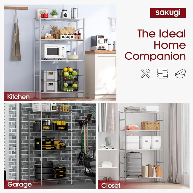 Sakugi Storage Shelves - 4 Tier Shelf Organizer, Heavy Duty Garage Shelving Unit with Leveling Feet, Stable Metal Shelves Organizer for Pantry, Kitchen and Closet, 33.0" W x 12.6" D x 57.2" H, Silver - Image 6