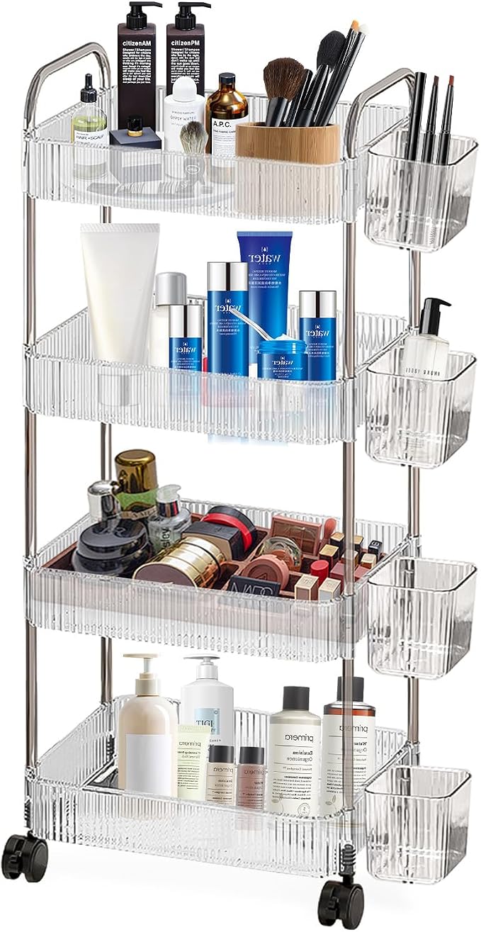 4 Tiers Rolling Storage Cart with Hanging Basket Acrylic Organizer | Acrylic Rolling Cart with Hanging Basket and Lockable Wheels, Ideal for Home, Office, Kitchen and Bathroom Storage by DKALIO