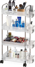 4 Tiers Rolling Storage Cart with Hanging Basket Acrylic Organizer | Acrylic Rolling Cart with Hanging Basket and Lockable Wheels, Ideal for Home, Office, Kitchen and Bathroom Storage by DKALIO