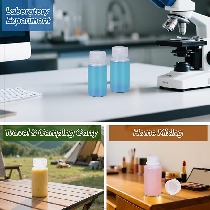 DEMORA 2 oz Small Plastic Bottles with Caps, Airtight Refillable Wide Mouth Travel Bottles for Toiletries, HDPE Food Grade Plastic Containers for Liquids Pill Sample Lab Reagent (Translucent, 4 Pcs) - Image 5