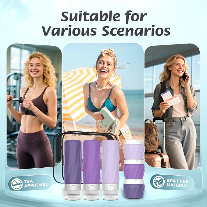 6Pcs Travel Bottles for Toiletries, Silicone Travel Size Containers Set | TSA Approved BPA-FREE Silicone Leak Proof Refillable Bottles and Jars, Women & Men Airplane Cruise Essentials Kit (PURPLE) - Image 7