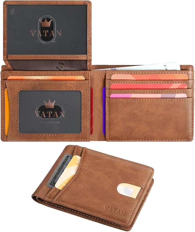 VATAN Wallet for Men Slim RFID Blocking Leather Credit Card Holder Wallet for 15 Cards, Bifold Minimalist Thin Wallet with 2 ID Windows & Cash Slot, With Gift Box (Crazy Horse Brown) by VATAN