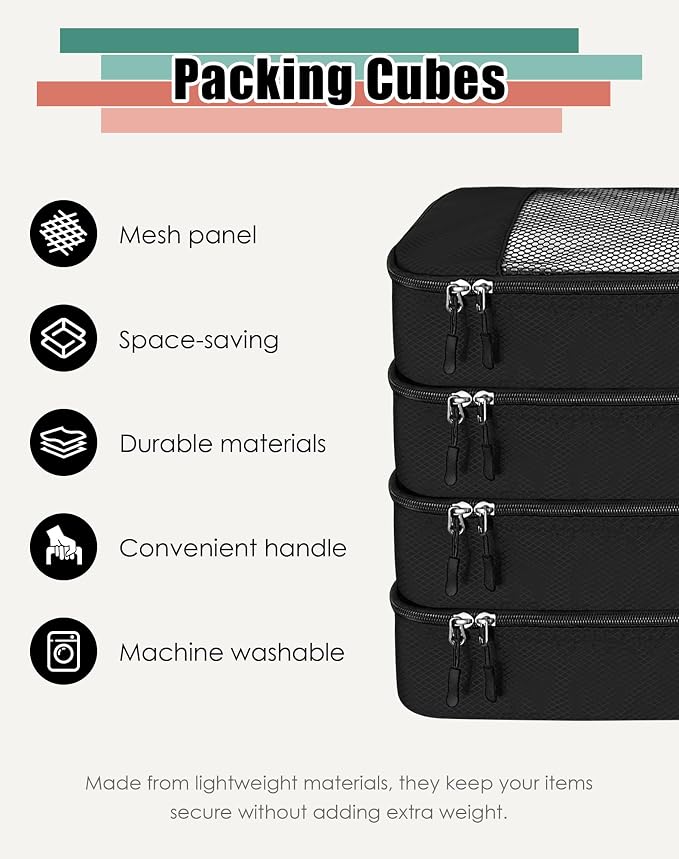 WTREE 4-Piece Packing Cubes Travel Accessories Set for Suitcases - Luggage Organizer Bags with Double Zipper - Mesh Top - Medium - Black - Image 2