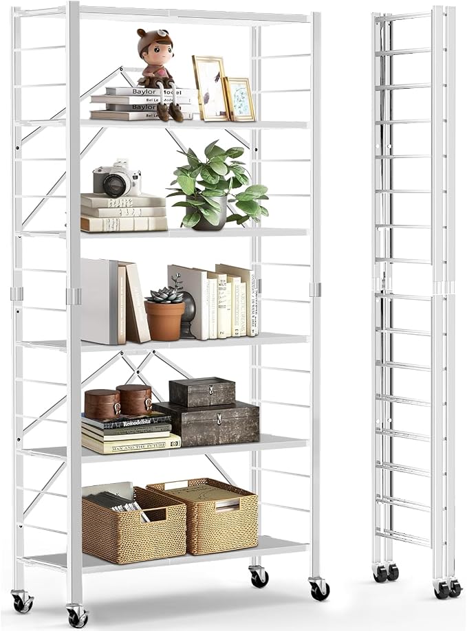 Himix 6-Tier Foldable Storage Shelves Expandable Shelf Wheels White 2-in-1 | Folding shelving units, Metal collapsible organization, Changeable into 2 shelf units, Garage, Kitchen, Holds 3600 Ibs - Image 8