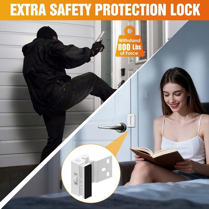 800lbs Force Door Reinforcement Lock - Heavy Duty Security for Inward Swing Doors, Aluminum Alloy Deadbolt with 8 Screws, for Apartment & Home Safety (2, White - Screw Fixation) - Image 6