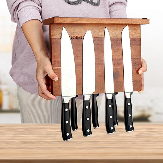 Magnetic Knife Block Double Sided Magnetic Knife Holder Rack with Strong Enhanced Magnets Acacia Wood Magnetic Knife Storage Stand - Image 4