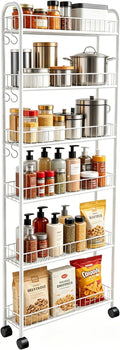 Slim Rolling Storage Cart with Wheels, 6in 6 Tier White | Narrow Space Shelving Unit, Metal Wire Mobile Organizer Rack for Kitchen Bathroom Office Laundry by Seadasyoon