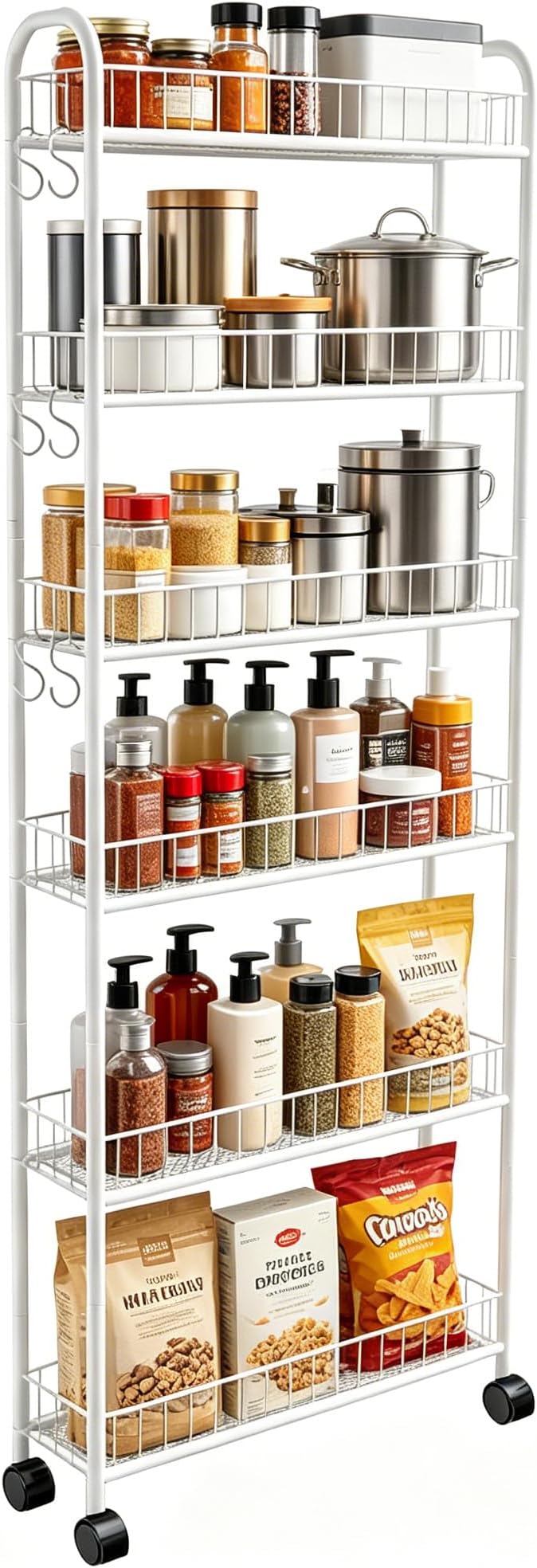 Slim Rolling Storage Cart with Wheels, 6in 6 Tier White | Narrow Space Shelving Unit, Metal Wire Mobile Organizer Rack for Kitchen Bathroom Office Laundry by Seadasyoon