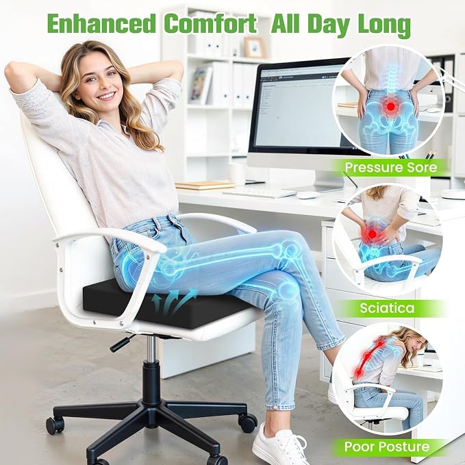 Seat Cushion for Office Chairs, Memory Foam Chair Cushion with Patterned Core for Even Support, Back, Tailbone & Sciatica Relief, Chair Pillow with Carry Handle for Car, Wheelchair(Black) - Image 6
