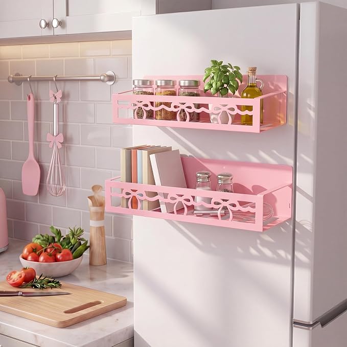 Beeveer 2 Pcs Magnetic Spice Rack for Refrigerator, Pink Bow | Magnetic, No Drilling, Pink Bow Kitchen Decor, Pink Home Accessories, 2 Sizes Metal Storage Shelf for Fridge Spices - Image 6