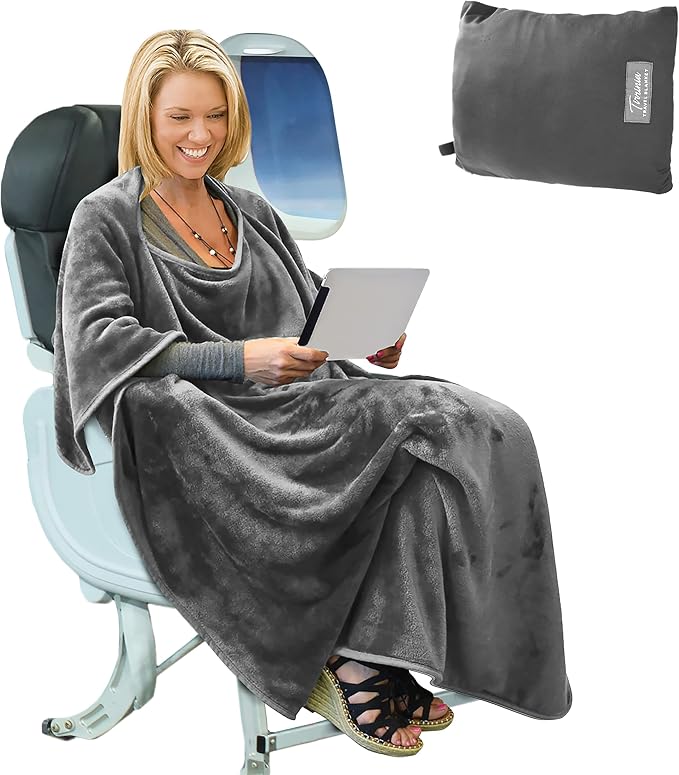 Tirrinia Travel Blanket Airplane Office Poncho 4 in 1 Premium Cozy Fleece Portable Poncho Blankets with Built-in Bag, Pocket by Tirrinia