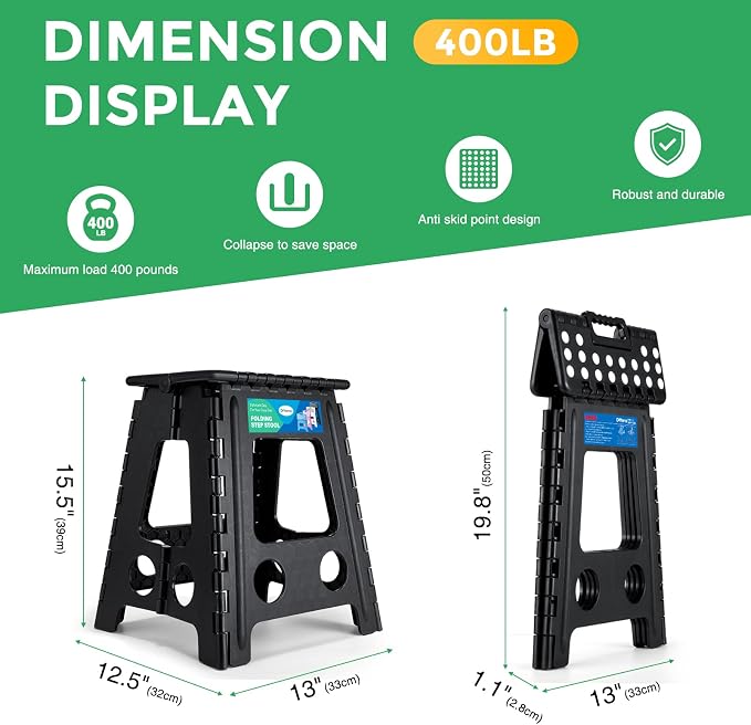 Dyforce Folding Step Stool 16 Inch,400lbs Foldable Step Stool for Adults | Step Stool Foldable Black,Non-Slip Plastic Stepping Stool with Carry Handle,Lightweight for Bathroom Kitchen Bedroom Garden - Image 6