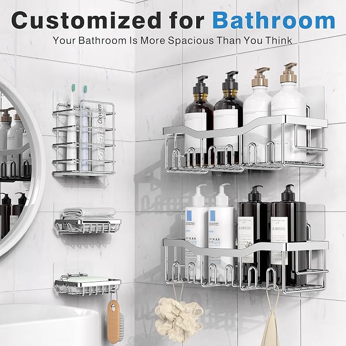 EUDELE 5-Pack Adhesive Shower Caddy Organizer, Large Capacity Rustproof Stainless Steel Shower Shelves, No Drill Bathroom Storage for Shower, Kitchen & Home Decor - Image 2