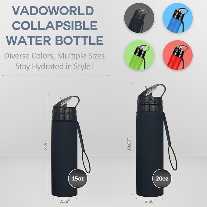 Collapsible Water Bottles 20oz, Odorless BPA-Free Silicone, Leak-Proof Foldable Reusable Bottle - Perfect for Cruise Travel Sports Gym Hiking Camping Cycling - Black - Image 2