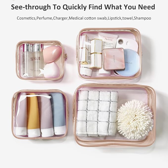 Clear Toiletry Bag, 4 Packs TSA Approved Water resistant Quart Size Travel Organizer, Airport Airline Travel Essential Carry On Makeup Cosmetic Bags for Women (Light Pink, Pack of 4) - Image 3