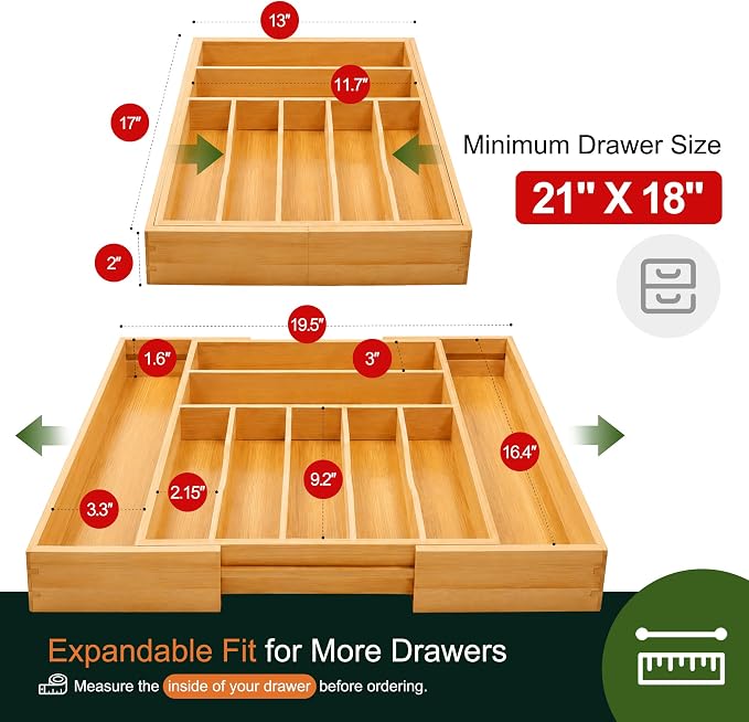 Large Premium Bamboo Silverware Organizer - Expandable Drawer Organizer & Utensil Organizer - 17"x19.7" Cutlery Tray with Dividers for Kitchen Utensils and Flatware (7-9 Slots) (Natural) - Image 2