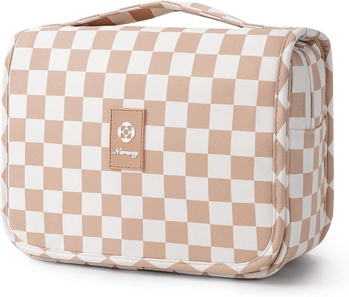 Narwey Small Hanging Travel Toiletry Bag for Traveling Women, Checkered Travel Bag for Toiletries, Makeup Bag Organizer Make Up Cosmetic Bags, Gifts for Kids Teen Girls (Light Brown Checkerboard) by Narwey