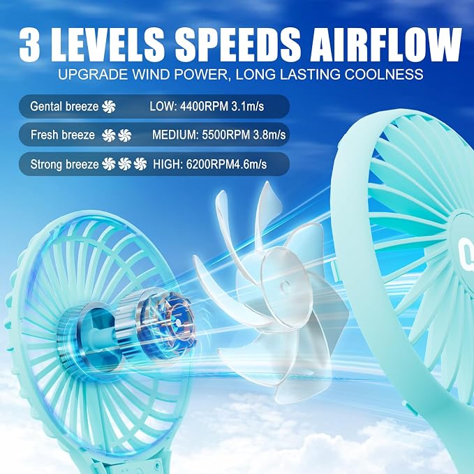 QQT Mini Handheld Fan, 3-Speed Rechargeable Personal Fan - Image 2