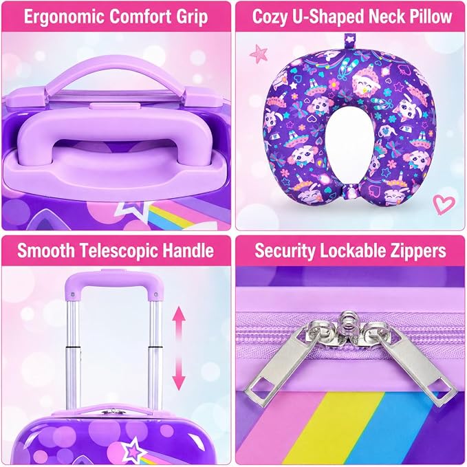 Lightweight Hardshell Spinner Suitcase Set for Kids 2PCS with Wheels - Airplane Approved Carry-On Luggage for Girls& Children Ages 3-10, Purple Cat Rolling Suitcases for Elementary Toddler Travel - Image 5
