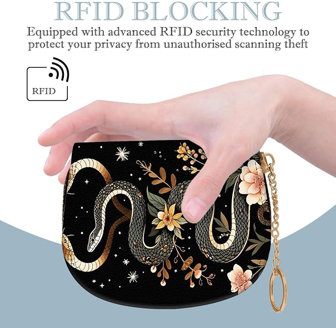 Women's Slim RFID Wallet – Compact Leather Card Holder Wallet for Women, 9 Card Slots RFID Blocking Credit Card Organizer, Small Travel Wallet - Aesthetic Snake Floral - Image 5