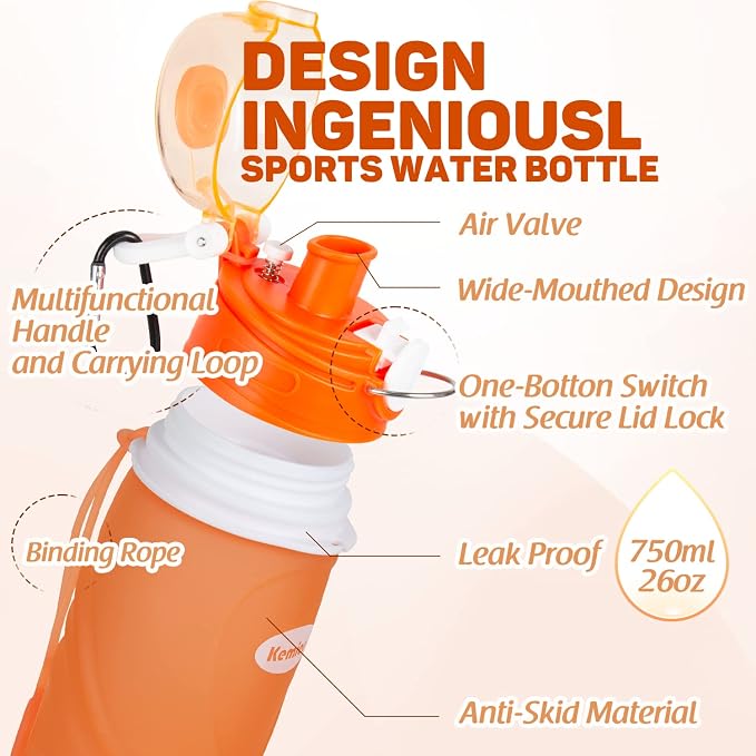 Collapsible Silicone Water Bottles-750ML,Medical Grade,BPA Free Travel Water Bottle Can Roll Up,26oz,Leak Proof Foldable Sports & Outdoor Water Bottles - Image 4