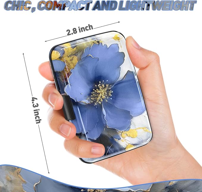 Credit Card Holder, Mini RFID Small Aluminum Card Wallet Business Card Case | Blocking Slim Metal RFID Blocking Front Pocket Wallet Hard Case Durable CC Holder for Women Girls, Blue Flowers - Image 3