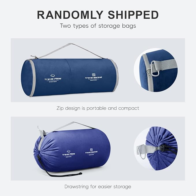 urnexttour Travel Pillow and Blanket Set Neck Pillow Airplane Foam Blue | 43x60 Inch Plane Blanket, Traveling Compact Storage Bag, Eye Mask, and Earplugs for Ultimate Flight Comfort, Women and Men - Image 2