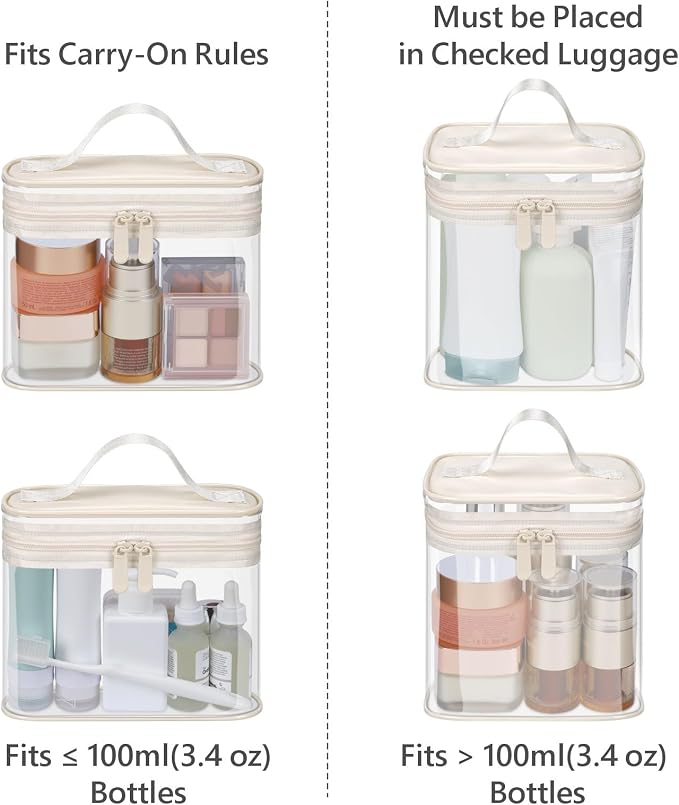 Clear Makeup Bag for Travel - TSA Approved Toiletry Bag, 2 Beige | 1 Medium Quart Carry-On & 1 Large Checked-Luggage, Top Handle, Double Metal Zippers, 180° Opening, Clear Easy-Check, Women - Image 9
