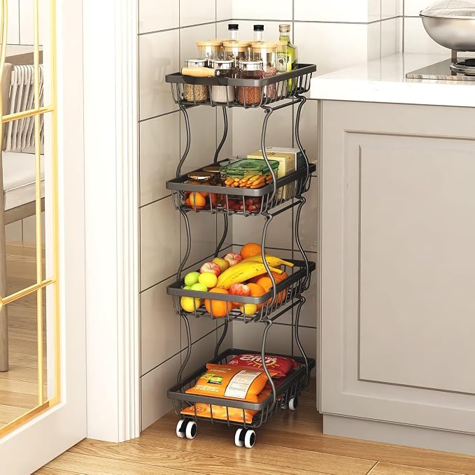 Stackable Fruit Vegetable Basket 4 Tier Kitchen Storage Rolling Cart | metal frame, 9.4“ width for small ppace, easy assembly, veggie rack for potato onion produce apple banana, move smoothly - Image 2