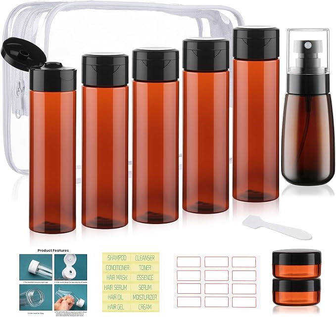 9 PCS 3.4oz Wide Mouth Brown Travel Bottles for Toiletries | TSA Approved, Leak Proof, 0.35oz Small Cream Jars, 2oz Spray Bottle, for Shampoo Conditioner, with lable, and a Toiletry Bag by wowang