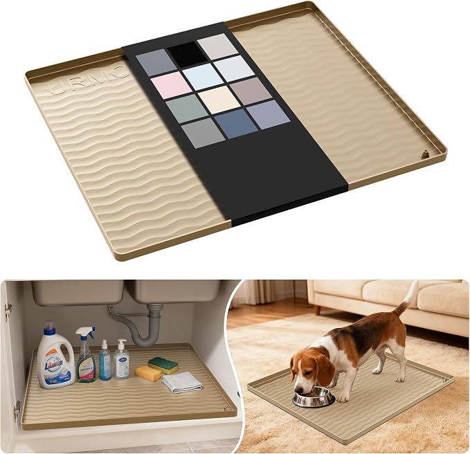 URMONA Waterproof Silicone Under Sink Mat 22'' x 19'' Shelf Liner for Kitchen and Bathroom, Cabinet and Counter Protector, Storage and Organizers, Litter Mat, Pet Cat Puppy Essentials(Khaki) by URMONA