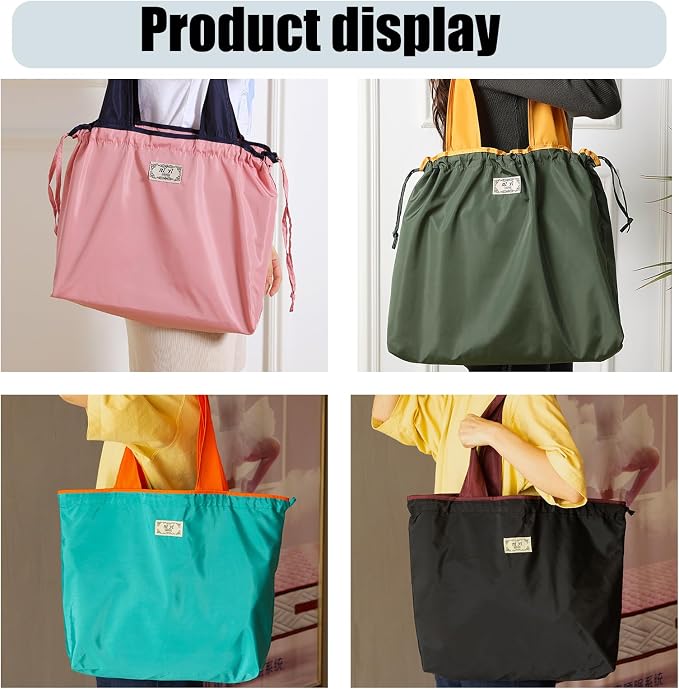 4 PC Foldable Reusable Shopping Bag 210D Nylon Waterproof Travel Grocery Tote with Drawstring Mouth & Reinforced Handle - Image 7