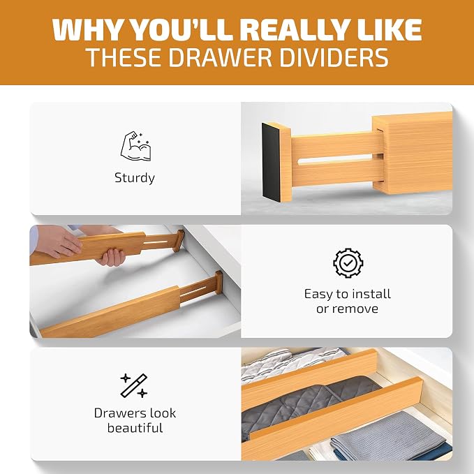 Bambüsi 4-Pack Drawer Divider - 2.6" High, 16" to 22" Adjustable Bamboo Drawer Organizers for Clothes, Expandable Dresser Separators in Bedroom/Bathroom/Kitchen/Office Organization and Storage - Image 5