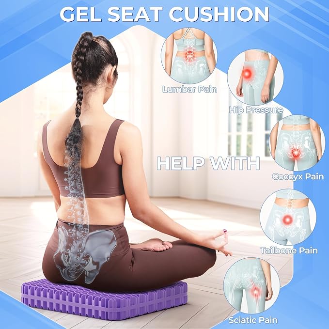 TushGuard Gel Seat Cushion for Long Sitting, Breathable Thick Patent Design | Enlarged Cooling Chair Pad for Office Chair, Wheelchair, Desk Chair, Supportive Car Cushion (Standard, Grey+Violet) - Image 5