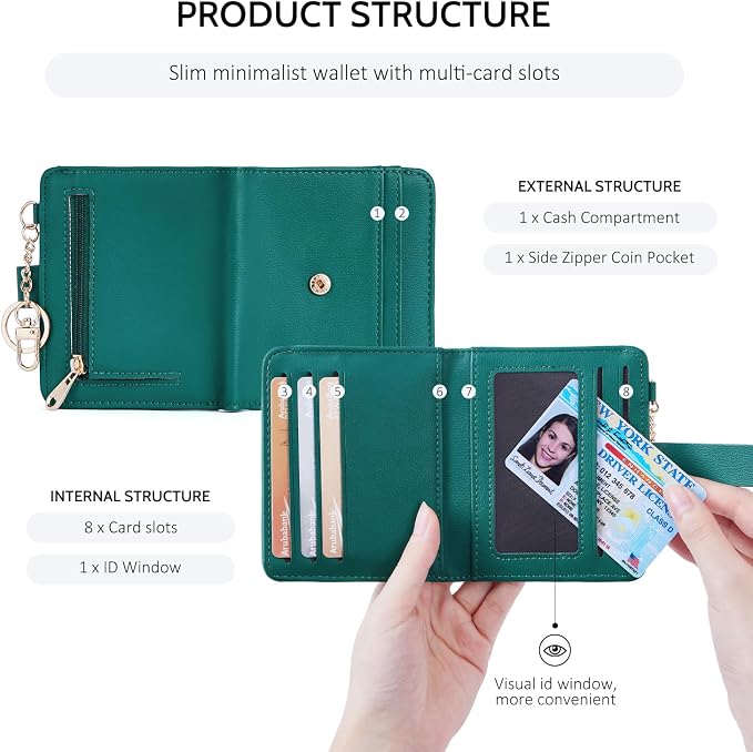POIUGOYA Slim Wallet for Women,RFID Blocking Bifold Credit Card Holder with Zipper Coin Pocket,ID Window,Keychain - Image 5
