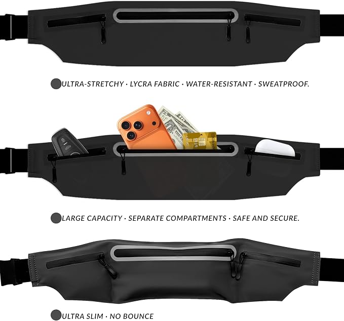 Running Belt for Men Women, Ultra-thin Run Belt with Pockets Secure Adjustable Fanny Pack Marathon Jogging Runners Belt for Phone, Keys & Essentials - Fits 6.9'' Phones (Black, Large) - Image 2