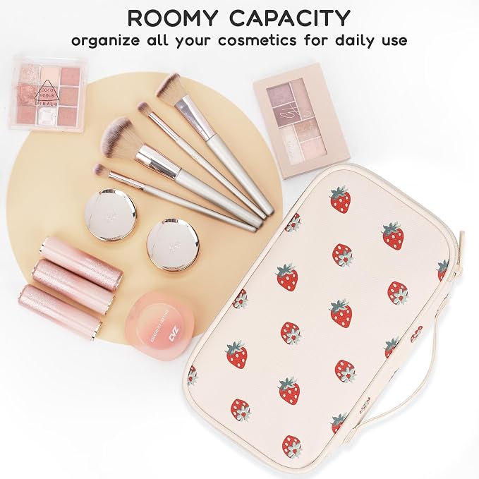 Relavel Small Makeup Bag, 2 Layers Make Up Bag for Women Girls | Travel Cosmetic Bag with Handle, Makeup Organizer Storage with 3 Brush Holders, White Straberry - Image 4