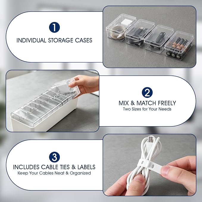ARVOK 2 Sets Cable Cord Organizer Box with 20 Adjustable Compartments | Cable Storage Box with Lid，Solution for Cable Chaos Charger Cables, Organizer for Home Office Desk Organizers and Accessories - Image 6