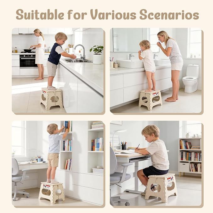 11 Inch Folding Step Stool for Kids, Non-Slip Foldable Stools, Khaki | Heavy Duty Collapsible Foot Stool, Lightweight with Built-in Handle, Holds 300 lb for Adults Kitchen Bathroom Bedroom Outdoor - Image 2