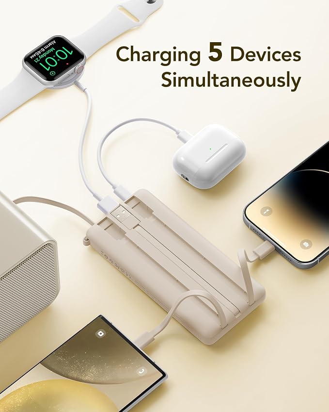 VRURC Portable Charger Power Bank,10000mAh Travel Essentials Battery Pack | Built-in 4 Cables, 5 Outputs 2 Inputs Slim USB C Charging Bank for All Cell Phones -Light Coffee(1 Pack) - Image 4