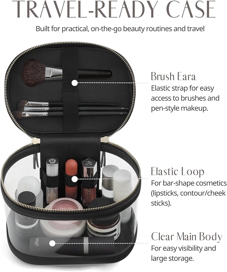 Travel Makeup Bag Clear Compact Make Up Vanity Case with Brush Storage and Top Handle, Toiletry Makeup Case Traveling Leather Cosmetic Bag, Portable Medium Large Sized Train Case, Black - Image 2