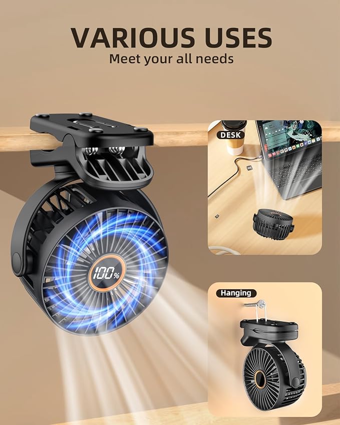 TUNISE Mini Clip on Fan, Battery Operated Desk Fan, Digital display，3 Speeds Adjustable, Bidirectional 360 ° Adjustable, Super Strong Wind, Portable Fan for Home Office Stroller Camping Black - Image 7
