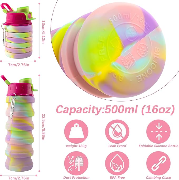 4 Pcs Collapsible Water Bottles 16 oz Portable Foldable Water Bottles Silicone Leak Proof Travel Water Bottle Reusable Sports Water Bottle with Metal Clip for Camping Hiking Travel - Image 2