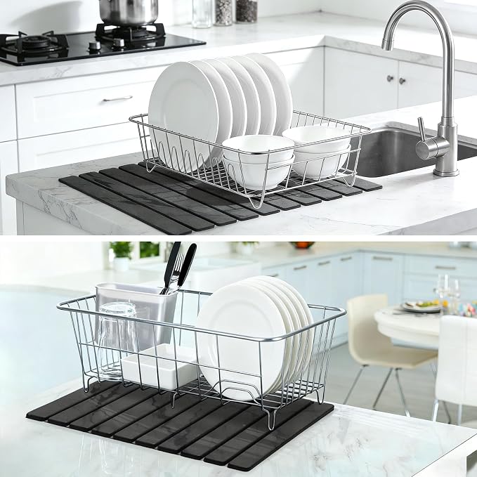 Large Stone Dish Drying Mat for Kitchen Counter, Quick Dry Stone Dishes Mats, Foldable Water Absorbing Diatomaceous Drying Pad for Countertop Bottles Utensils Cups Bathroom (Dark Gray 24"x16") - Image 6