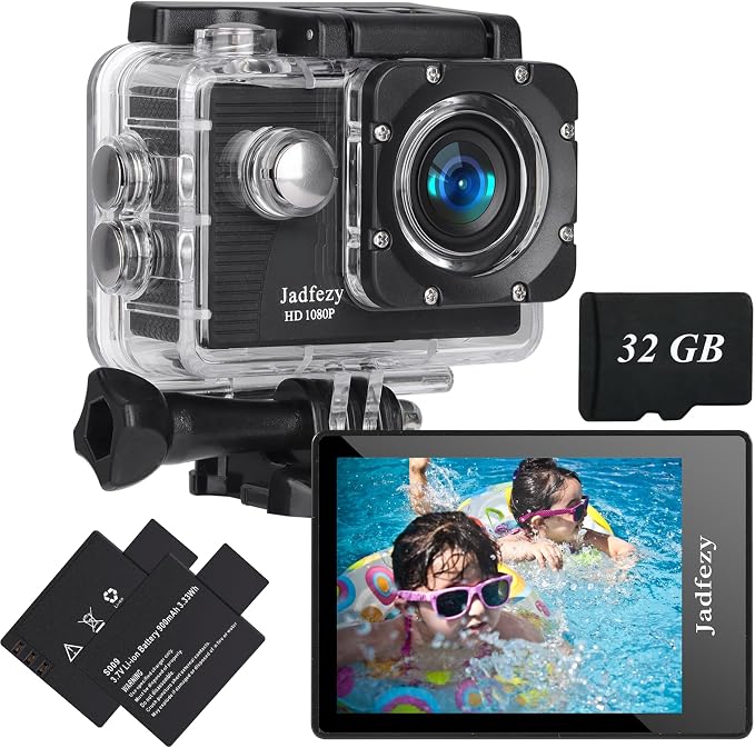 Action Camera FHD 1080P Wide Angle 98FT/30M Underwater Waterproof Cam | with Memory Card 2 Rechargeable Batteries Accessories Kit, Sports Camera Suitable for Helmet,Snorkeling,Bicycle, etc. by Jadfezy