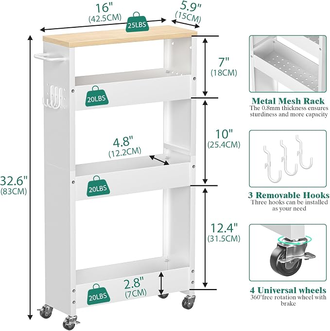 CHLORYARD Slim Storage Cart, 4-Tier Kitchen Rolling Cart Narrow Storage Cabinet with Handle & Wheels, Metal Rolling Shelf Unit for Kitchen Bathroom Laundry Small Places (5.9IN White/Natural) - Image 4